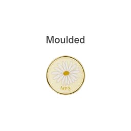 A round pin badge featuring a daisy design, with a gold border and a moulded appearance.