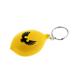 A yellow lemon-shaped stress reliever attached to a keyring, featuring a black logo.