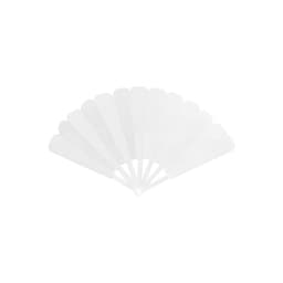 A collection of transparent plastic hand fans arranged in a fanned-out shape, featuring a central hub.