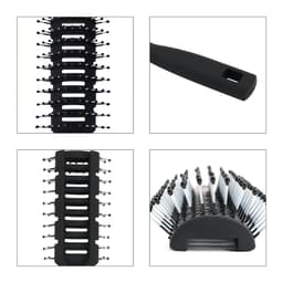 A hair brush featuring a black ergonomic design with vented sections and plastic bristles. It includes a logo.