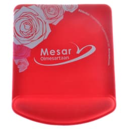 A rectangular gel pad in vibrant red with a floral design and a logo in the corner.