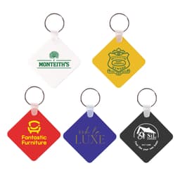A square Durasoft keyring featuring four different designs in red, yellow, black, and blue with metal keychain attachments.
