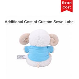 A plush sheep toy with a blue shirt, featuring a soft, fluffy texture and decorative ear details.