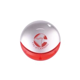 A round flash drive featuring a metallic silver top and a red bottom, with an embossed logo on the surface.