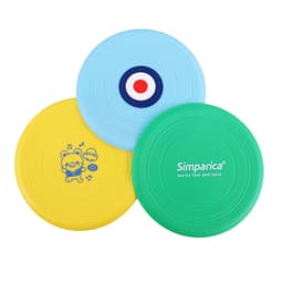 Three silicone frisbees in blue, yellow, and green, featuring various designs and a logo on one.