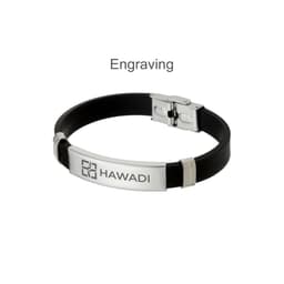 A sleek black bracelet featuring a silver metal buckle latch and engraved logo.
