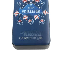 A blue power bank featuring a full-colour print with Australian-themed designs and a logo.