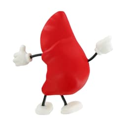 A red liver-shaped stress reliever with white hands and feet, featuring a playful posture.