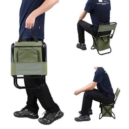 A foldable camping chair in green with a cooler bag, featuring a compact design and sturdy black frame.
