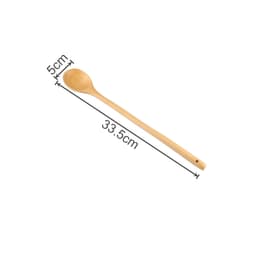 A long handle wooden spoon in a light wood finish, measuring 33.5cm in length and 5cm at the spoon end.