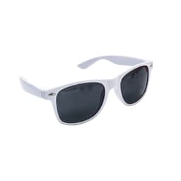White classic sunglasses with dark lenses and a logo.