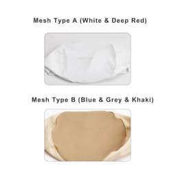Two styles of Chef Skull Caps: one in white and deep red, and another in blue, grey, and khaki. Both have a mesh design.