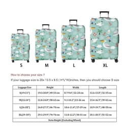 A suitcase cover in a light green colour with a playful pattern, featuring various travel-themed illustrations and a logo.