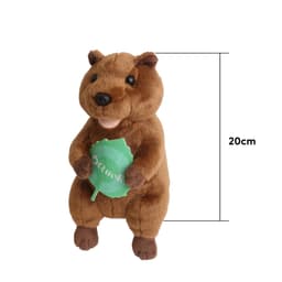 A 20cm brown quokka plush toy holds a leaf and features a brand logo on it. Soft and cuddly design.