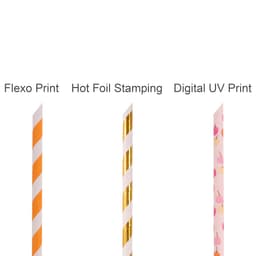 A selection of four custom disposable 4-ply paper straws in orange and white, gold, and a pink floral design.