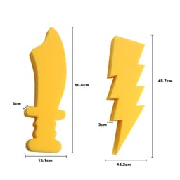Two yellow foam shapes: one a knife and the other a lightning bolt, both measuring in centimetres.