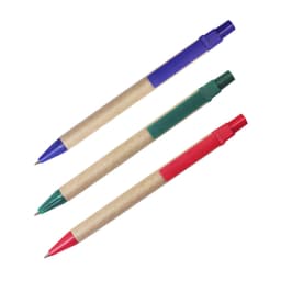 Three Kraft Paper Ball Pens in blue, green, and red, featuring plastic tips and grips. Each pen has a branding logo.