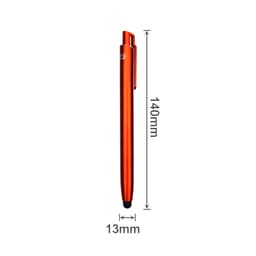 An orange ballpoint pen with a touchscreen stylus tip, featuring a clip and dimensions of 140mm by 13mm.
