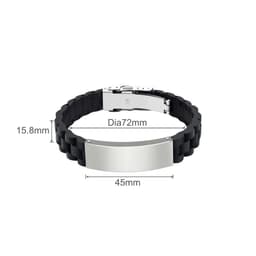 A black silicone bracelet with a silver metal clasp and adjustable size features. Dimensions and design details are included.