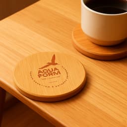 A round bamboo coaster with a logo design, placed on a wooden table beside a cup of coffee.