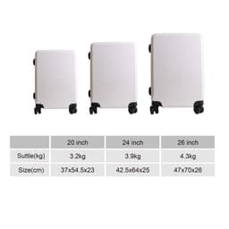 Three white ABS business suitcases of varying sizes, featuring wheels and a logo on each.