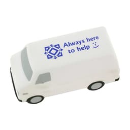 A white van-shaped stress reliever with a blue logo and text, featuring black wheels.