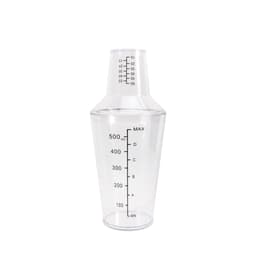 A drink bottle with a transparent design, featuring measurement markings and a removable measuring cap.