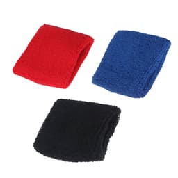 Three Terry Sport Wristbands in red, blue, and black, featuring a textured design and each with a logo.