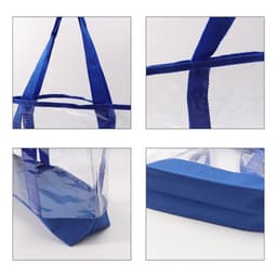A transparent handbag with blue straps and base, featuring multiple angles to show design and materials.
