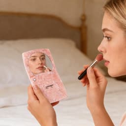 A pink acetate vanity mirror held by a person applying makeup, with a bed in the background.
