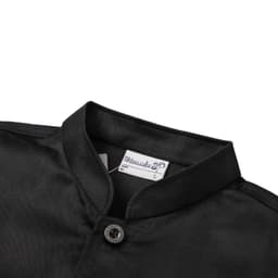 A black classic 3/4 sleeves single breasted chef jacket with a mandarin collar and button closure.