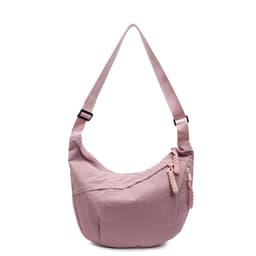 A pink crossbody bag with a curved shape, featuring a braided zipper detail and an adjustable strap.