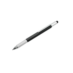 A black and silver multi-function pen with a knurled grip and a clip. It features a stylus tip at one end.