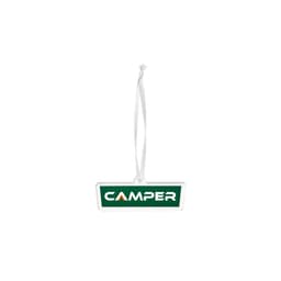 A custom shape acrylic ornament in green and clear, featuring a logo and a white ribbon for hanging.