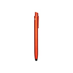 A sleek, red ballpoint pen with a smooth design and a touchscreen stylus tip, featuring a logo.