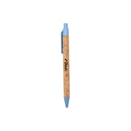 An eco-friendly pen featuring a cork body and a light blue plastic tip and clip. It includes branding on the surface.