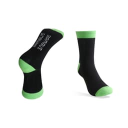 A pair of black bamboo socks with vibrant green accents and a logo on the side.