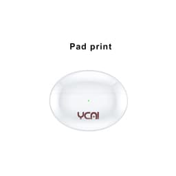A white charging case for wireless earbuds with a small green indicator light and branding on the front.
