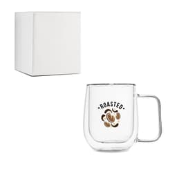A barrel-shaped double wall mug in clear glass with a handle, featuring a coffee bean design. It comes in a plain white box.