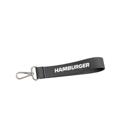 A black keyring strap with a silver clip and a white logo. Suitable for holding keys or small items.