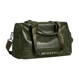 An olive green carry-on duffle bag with sturdy handles and a shoulder strap. It features a zippered side pocket.