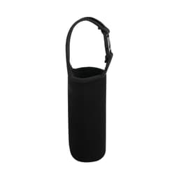 A drink bottle carrier pouch in black, featuring a handle and a fitted design. It includes a logo.