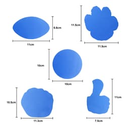 A collection of five blue foam mitt shapes in various designs, each with specified dimensions.