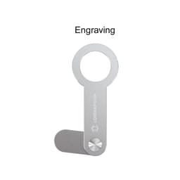 A silver aluminium magnetic phone holder for a laptop with a circular holder and an engraving section.