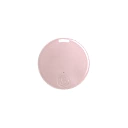 A pink anti-loss smart tag with a circular design and a small indicator light, featuring a logo on the front.