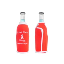 A drink bottle cooler in red with a white trim and a logo, designed for standard beverage bottles.