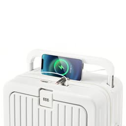 A white hardside suitcase with a smartphone charging on top, featuring a handle and a logo.