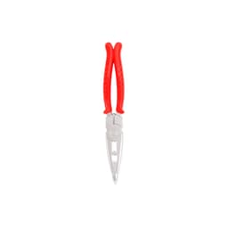 A plier-shaped ballpoint pen with red rubber grips and metallic details, featuring a logo.