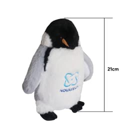 A soft, plush penguin toy in black, white, and grey, featuring a logo on its front, sized at 21 cm.