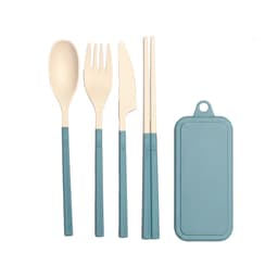 A set of travel utensils in teal, including a spoon, fork, knife, and chopsticks, with a matching case.